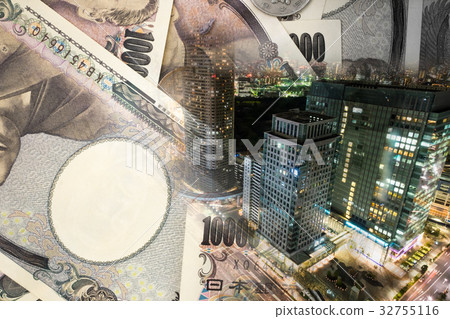 Double exposure of TOKYO CITY , note bank Double exposure of TOKYO CITY , note bank 32755116