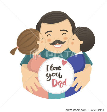 Happy fathers day scene with dad and two children Happy fathers day scene with dad and two children 32764951