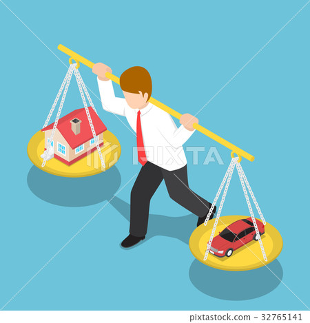Businessman Carrying House and Car on His Shoulder Businessman Carrying House and Car on His Shoulder 32765141