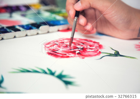 Painting gorgeous red rose on paper by paintbrush 32766315
