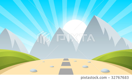 Cartoon landscape mountain, sun, light 32767683