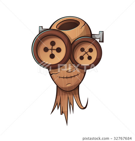 Wooden head, face people. Cartoon illustration. 32767684
