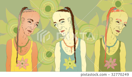sad male hippie, with a pigtail. A set of three 32770249