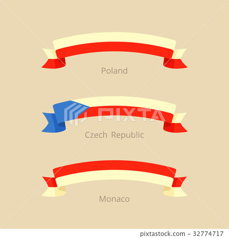 Ribbon with flag of Poland, Czech Rep. and Monaco. Ribbon with flag of Poland, Czech Rep. and Monaco. 32774717