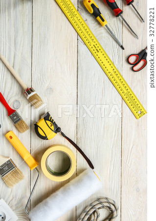 Repairment tools objects isolated on wooden 32778221