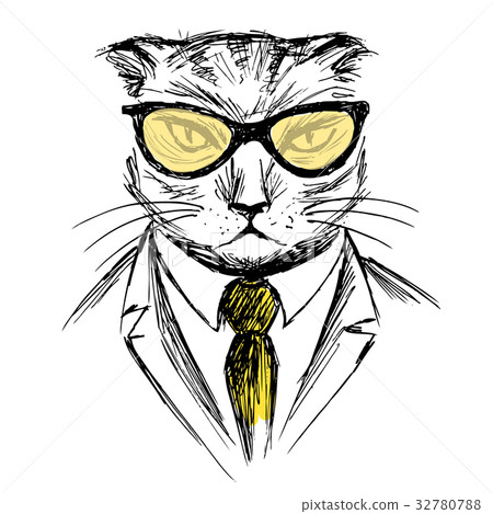 Hand Drawn Fashion Portrait of cat Hipster 32780788