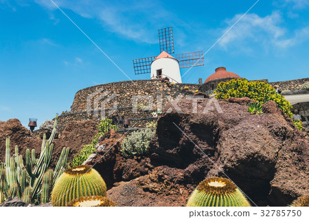 Windmill in cactus garden in Guatiza village Windmill in cactus garden in Guatiza village 32785750