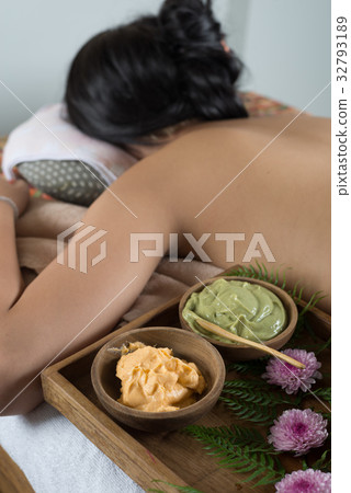 Massage series: Woman lying on massage bed Massage series: Woman lying on massage bed 32793189