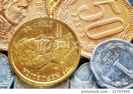 Extreme close up picture of Chilean peso coins. Extreme close up picture of Chilean peso coins. 32793489