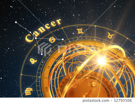 Zodiac Sign Cancer And Armillary Sphere On Blue Zodiac Sign Cancer And Armillary Sphere On Blue 32793506
