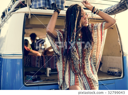 Adult Woman on Road Trip with Friends By Van Adult Woman on Road Trip with Friends By Van 32799043