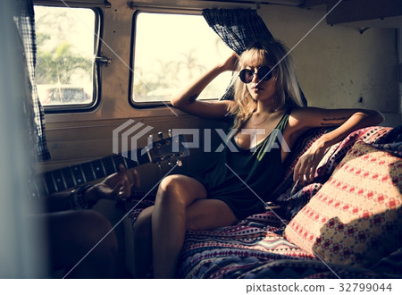 Woman Sitting in a Van Roadtrip Woman Sitting in a Van Roadtrip 32799044