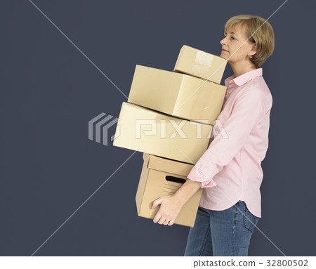 Senior Adult Woman Carrying Box Parcel Package Senior Adult Woman Carrying Box Parcel Package 32800502
