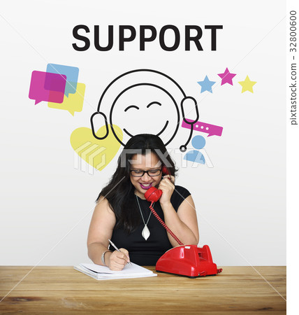 Woman with illustration of contact us online customer services 32800600