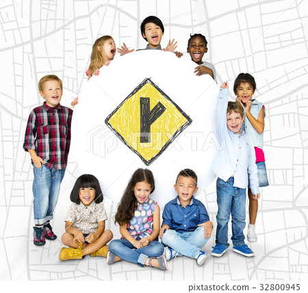 Children holding network graphic overlay banner Children holding network graphic overlay banner 32800945