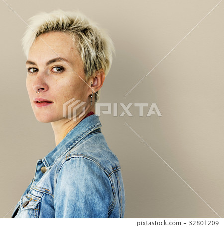 Caucasian Blonde Woman Staring to a Camera Caucasian Blonde Woman Staring to a Camera 32801209