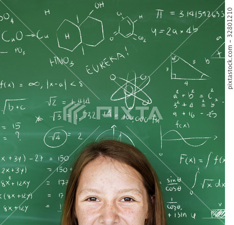 Young Student in Uniform with Chalk Board Background Portrait Young Student in Uniform with Chalk Board Background Portrait 32801210