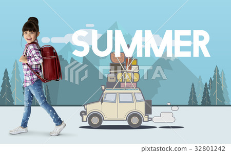 Little girl with illustration of discovery journey road trip traveling Little girl with illustration of discovery journey road trip traveling 32801242
