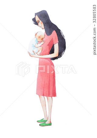 Young mother holding her sleeping newborn baby 32805583