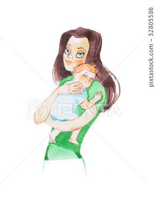 Aquarelle illustration of beautiful young mother 32805586