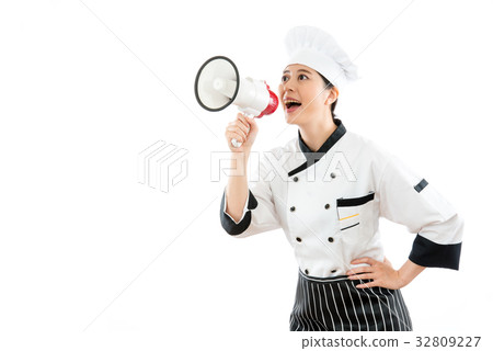 pretty chef speaking with the loud megaphone 32809227