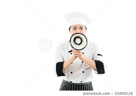serious chef holding the loud public megaphone 32809228