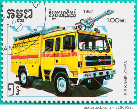 Postage stamps with printed in Cambodia firetruck Postage stamps with printed in Cambodia firetruck 32809583