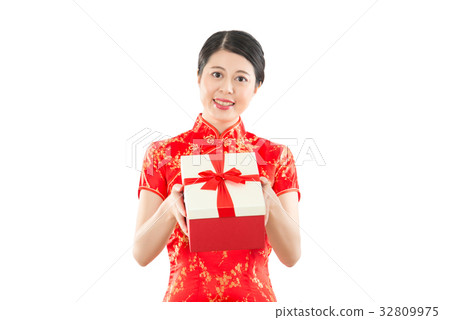 woman joyful excited holding a gift box 32809975