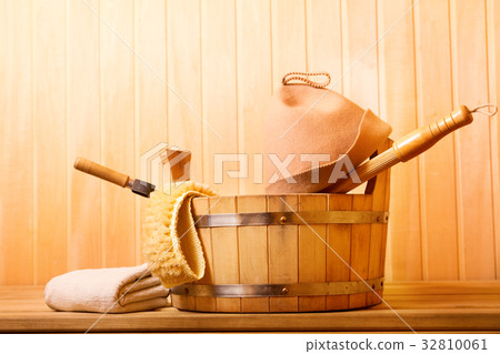 sauna accessories in a wooden sauna 32810061