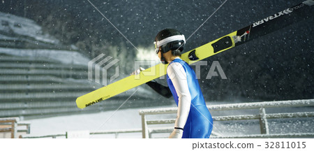 Ski jumper heading to the starting gate Ski jumper heading to the starting gate 32811015