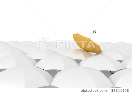 set of white umbrella with yellow in 3D rendering 32811308