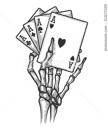 Skeleton hand with four aces 32815500