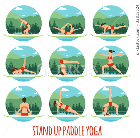 Woman doing Stand Up Paddling Yoga on Paddle Board Woman doing Stand Up Paddling Yoga on Paddle Board 32815524