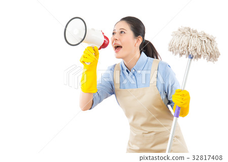Cleaning woman washing floor with mop 32817408