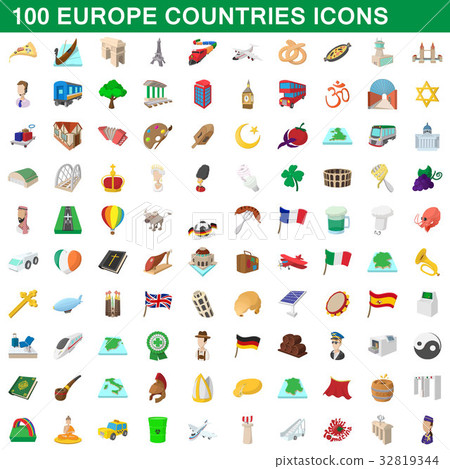 100 europe countries icons set, cartoon style 32819344