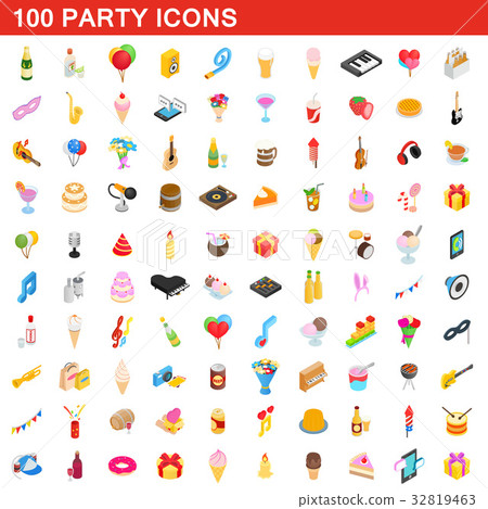 100 party icons set, isometric 3d style 32819463