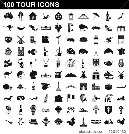 100 tour icons set, simple style 32819480
