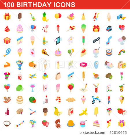 100 birthday icons set, isometric 3d style 32819653