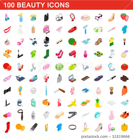 100 beauty icons set, isometric 3d style 32819666