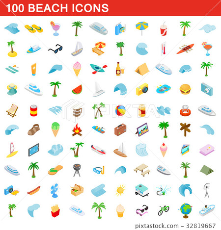 100 beach icons set, isometric 3d style 32819667
