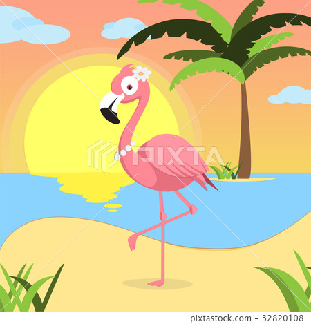 Summer background with Pink flamingo, of beach at 32820108
