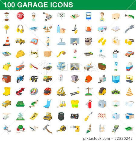 100 garage icons set, cartoon style 32820242