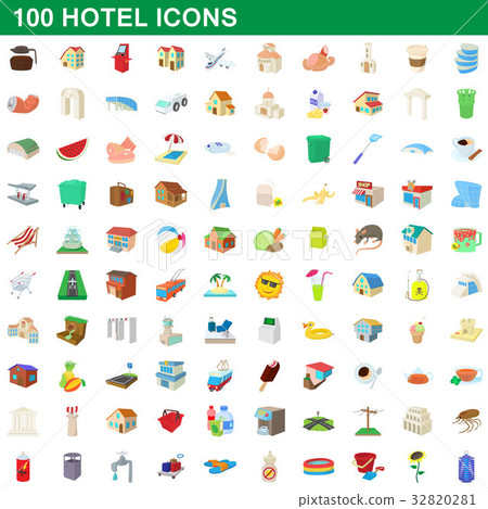 100 hotel icons set, cartoon style 32820281