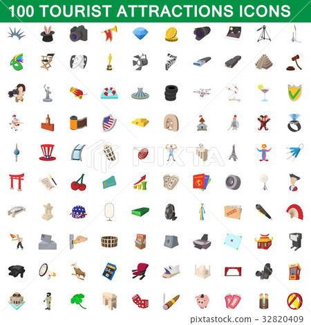 100 tourist attractions icons set, cartoon style 32820409