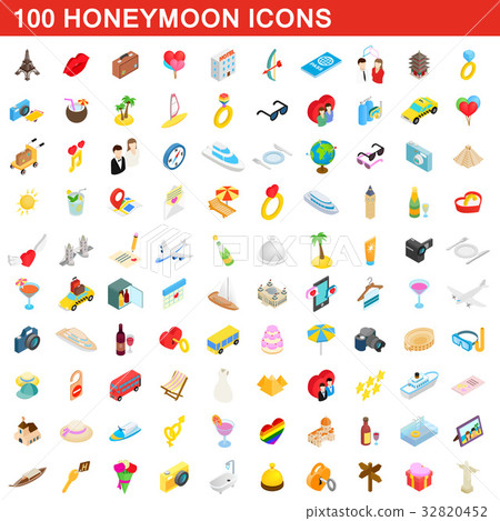 100 honeymoon icons set, isometric 3d style 100 honeymoon icons set, isometric 3d style 32820452