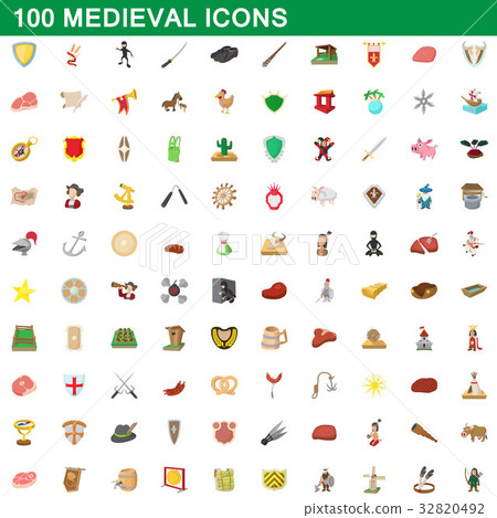 100 medieval icons set, cartoon style 32820492