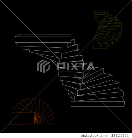 Spiral staircase set. Isolated on black background - Stock Illustration