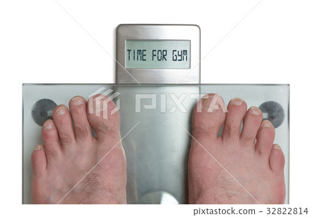 Man's feet on weight scale - Time for gym Stock Photo by ©michaklootwijk  159795848