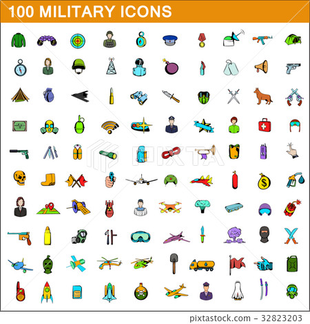 100 military icons set, cartoon style 32823203