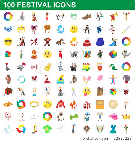 100 festival icons set, cartoon style 32823228